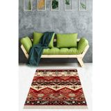 Pelangi Kilim Desenli Etnik Dijital Baskı Yıkanabilir Kaymaz Taban Modern Salon Halısı ve Yolluk, Bej-Bordo 80 x 250