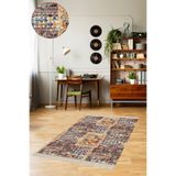 Pelangi Kırkyama Patchwork Desenli Etnik Dijital Baskı Yıkanabilir Kaymaz Taban Salon Halı Yolluk, Bej-Mavi 80 x 150