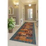 Pelangi Kırkyama Patchwork Kilim Desenli Etnik Dijital Baskı Yıkanabilir Modern Salon Halı ve Yolluk, Kahverengi - Mavi 80 x 150, 95555140801507
