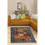 Pelangi Kırkyama Patchwork Kilim Desenli Etnik Dijital Baskı Yıkanabilir Modern Salon Halı Ve Yolluk, Petrol-Turuncu 100 x 100