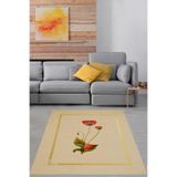 Pelangi Kırmızı Gelincik Desenli Minimal Modern Yıkanabilir Kaymaz Taban Leke Tutmaz Salon Halısı, Bej 80 x 400