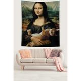 Pelangi Komik Mona Lisa Ve Kedi Leke Tutmaz Kumaş Duvar Örtüsü Duvar Halısı Tapestry PNTR240, 70 x 100