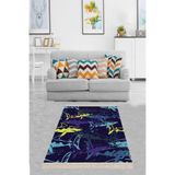 Pelangi Köpekbalığı Desenli Dijital Baskı Yıkanabilir Kaymaz Taban Modern Salon Halı, Lacivert 80 x 400