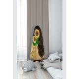 Pelangi Koyu Krem Ayçiçeği Tutan Kız Desenli Dijital Baskı Yıkanabilir Bebek Çocuk Odası Fon Perdesi, koyu krem 140 x 240
