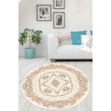 Pelangi Krem Çiçek Desenli Dijital Baskı Yıkanabilir Kaymaz Taban Yuvarlak Halı, Krem 140 x 140, 999136414014005