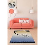 Pelangi Kuş Desenli Dijital Baskı Yıkanabilir Kaymaz Taban Modern Salon Halı, Bej-Mavi 130 x 180