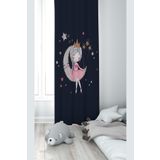 Pelangi Lacivert Fonlu Ayda Oturan Kız Desenli Dijital Baskı Yıkanabilir Bebek Çocuk Odası Fon Perdesi, lacivert 140 x 240