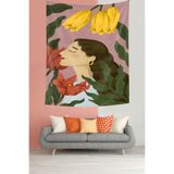 Pelangi Lale Ve Llyumlar Arasındaki Huzurlu Kız Bohem Leke Tutmaz Kumaş Duvar Örtüsü Duvar Halısı Tapestry PNTR087, 35 x 50