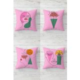 Pelangi Line Art Yüz Ve Çiçek Desenli Gizli Fermuarlı Kırlent Kılıfı Koltuk Yastık Kılıfı Takım(4adet), Pembe-Yeşil 45 x 45