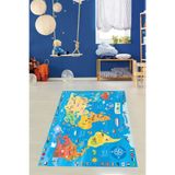 Pelangi Mavi Dünya Haritası Yıkanabilir Kaymaz Taban Leke Tutmaz Çocuk Odası Halısı, Açıkmavi-Hardal-Mavi 40 x 40, 90386800244040