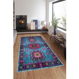 Pelangi Mavi Eskitme Desenli Çerçeveli Yıkanabilir Kaymaz Taban Leke Tutmaz Modern Salon Halısı Ve Yolluk, Mavi 160 x 230, 74571091160230728