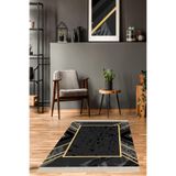 Pelangi Mermer Desenli Gold Çerçeveli Dijital Baskı Yıkanabilir Kaymaz Taban Salon Halı Ve Yolluk, Siyah-Gold 80 x 150