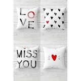 Pelangi Miss You Love Sevgili Temalı Gizli Fermuarlı Kırlent Kılıfı Koltuk Yastık Kılıfı Takım(4adet), Gri-Kırmızı-Beyaz 43 x 43
