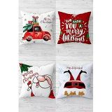 Pelangi Noel Baba Merry Christmas Yılbaşı Gizli Fermuarlı Kırlent Kılıfı Koltuk Yastık Kılıfı Takım(4adet), Kırmızı-Renkli 45 x 45