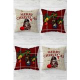 Pelangi Noel Kedi Ekoseli Yılbaşı Takım Gizli Fermuarlı Kırlent Kılıfı Koltuk Yastık Kılıfı Takım(4adet), Kırmızı-Bej 43 x 43