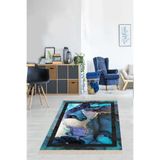 Pelangi Okyanus Esintili Siyah Çerçeve Dijital Baskı Yıkanabilir Kaymaz Taban Leke Tutmaz Modern Salon Halı, Mavi 80 x 50
