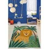 Pelangi Ormandaki Aslan Desenli Yıkanabilir Kaymaz Taban Leke Tutmaz Çocuk Odası Halısı, Kahverengi-Yeşil 80 x 200, 7642010508020005