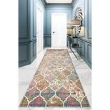 Pelangi Osmanlı Motif Şal Desen Çerçeveli Dijital Baskı Yıkanabilir Kaymaz Taban Düz Salon Halı ve Yolluk, Pembe-Mavi 80 x 300, 955552111803007