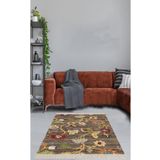 Pelangi Osmanlı Motifi Çiçek Desen Dijital Baskı Yıkanabilir Modern Salon Halısı ve Yolluk, Kahverengi 100 x 150