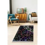 Pelangi Osmanlı Şal Desenli Dijital Baskı Yıkanabilir Kaymaz Taban Etnik Kilim Desen Salon Halısı Ve Yolluk, Gri-Siyah 100 x 400