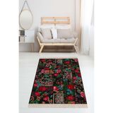 Pelangi Patchwork Gül Desenli Dijital Baskı Yıkanabilir Kaymaz Taban Modern Salon Halı, Siyah-Fuşya 100 x 600