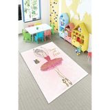 Pelangi Pembe Balerin Desenli Yıkanabilir Kaymaz Taban Leke Tutmaz Çocuk Odası Halısı, Fuşya-Toz Pembe 120 x 180