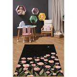 Pelangi Pembe Laleler Flowers Yıkanabilir Kaymaz Taban Leke Tutmaz Çocuk Odası Halısı, Siyah 80 x 200
