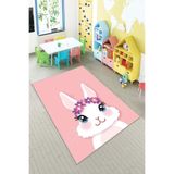 Pelangi Pembe Tavşan Desenli Yıkanabilir Kaymaz Taban Leke Tutmazbebek Ve Çocuk Odası Halısı, Pembe-Beyaz 80 x 200, 90135708080200