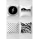 Pelangi Piyano Zebra Nota Müzik Gizli Fermuarlı Kırlent Kılıfı Koltuk Yastık Kılıfı Takım(4adet), Siyah-Beyaz 45 x 45
