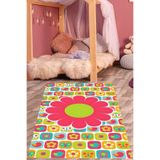 Pelangi Renkli Çiçekler Yıkanabilir Kaymaz Taban Leke Tutmaz Çocuk Odası Halısı, Pembe-Yeşil 100 x 500