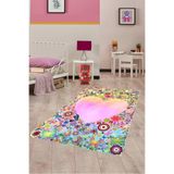 Pelangi Renkli Kalp Kelebek Çiçek Desenli Dijital Baskı Yıkanabilir Kaydırmaz Leke Tutmaz Çocuk Odası Halısı, Pembe 160 x 350