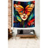 Pelangi Renkli Kelebek Kız Leke Tutmaz Kumaş Duvar Örtüsü Duvar Halısı Tapestry PNTR257, 100 x 140