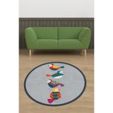 Pelangi Renkli Kuşlar Desenli Dijital Baskı Yıkanabilir Kaymaz Taban Modern Yuvarlak Salon Halı, Gri-Renkli 140 x 140, 9998004314014005