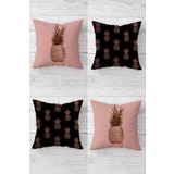 Pelangi Rose Ananas Desenli Gizli Fermuarlı Kırlent Kılıfı Koltuk Yastık Kılıfı Takım(4adet), Pembe-Siyah 45 x 45