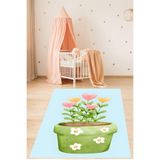 Pelangi Saksıda Renkli Çiçekler Yıkanabilir Kaymaz Taban Leke Tutmaz Çocuk Odası Halısı, Yeşil-Mavi 100 x 600, 9076420235100600