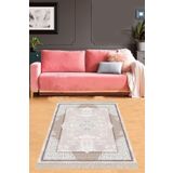 Pelangi Şal Desenli Çerçeveli Işleme Motifli Yıkanabilir Kaymaz Taban Leke Tutmaz Modern Salon Halısı Yolluk, Pembe-Bej 160 x 250