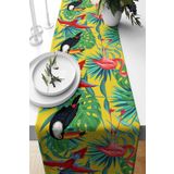 Pelangi Sarı Zeminde Egzotik Papagan Desenli Leke Tutmaz Kumaş Salon Mutfak Masa Ranır Modelleri Runner, Sarı-Yeşil 40 x 140