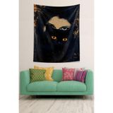 Pelangi Siyah Kedi Arkasındaki Kadın Gözleri Desenli Leke Tutmaz Kumaş Duvar Örtüsü Duvar Halısı Tapestry PNTR520, 70 x 100