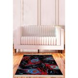 Pelangi Siyah Tavuskuşu Tüyü Desenli Dijital Baskı Yıkanabilir Kaymaz Taban Kilim Model Salon Halısı, Siyah-Mavi 130 x 180