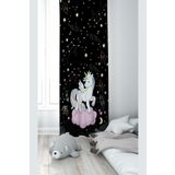 Pelangi Siyah Unicorn Desenli Dijital Baskı Yıkanabilir Bebek Çocuk Odası Fon Perdesi, koyu siyah 70 x 200