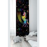 Pelangi Siyah Unicorn Desenli Dijital Baskı Yıkanabilir Bebek Çocuk Odası Fon Perdesi, siyah 140 x 270