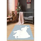 Pelangi Tavşancık ve Yavrusu Yıkanabilir Kaymaz Taban Leke Tutmaz Çocuk Odası Halısı, Mavi-Beyaz 160 x 300