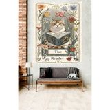 Pelangi The Reader Kedi Çiçek Desenli Leke Tutmaz Kumaş Duvar Örtüsü Duvar Halısı Tapestry PNTR514, 70 x 100