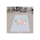 Pelangi Unicorn Desenli Çiçekli Yapraklı Dijital Baskı Yıkanabilir Kaymaz Taban Çocuk Ve Bebek Odası Halısı, Mavi 60 x 120