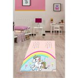 Pelangi Unicorn Desenli Dijital Baskı Yıkanabilir Kaymaz Taban Çocuk Odası Halısı, Şeker Pembe-Mavi 80 x 150