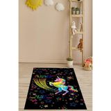 Pelangi Unicorn Desenli Renkli Yıldızlı Dijital Baskılı Kaymaz Taban Yıkanabilir Çocuk Ve Bebek Odası Halısı, Siyah 160 x 300