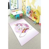 Pelangi Unicorn ve Gökkuşağı Desenli Dijital Baskılı Yıkanabilir Kaymaz Taban Çocuk Odası Halısı, Pembe-Beyaz 160 x 250