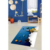 Pelangi Uzay Desenli Halı Dijital Baskı Yıkanabilir Kaymaz Taban Gezegen Roket Desenli Çocuk Odası Halısı, Lacivert-Sarı 120 x 160