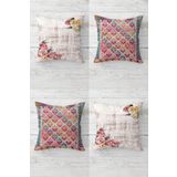 Pelangi Vintage Güller ve Etnik Kilim Desen Gizli Fermuarlı Kırlent Kılıfı Koltuk Yastık Kılıfı Takım(4ADET), Pembe-Bej-Sarı 45 x 45