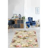 Pelangi Vintage Yeşil Yaprak Gül Buketleri Desenli Yıkanabilir Kaymaz Taban Leke Tutmaz Salon Halısı Yolluk, Yeşil-Sarı-Kahverengi 80 x 50